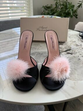 Agent Provocateur Black Heeled Slides with Blush Pink Marabou Pom